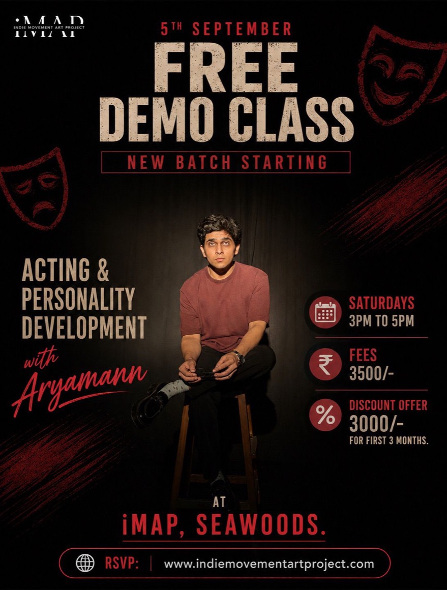 Free demo class — Acting & Personality Development with Aryamann, Saturday 5 September, 3 to 5 PM at iMAP Seawoods
